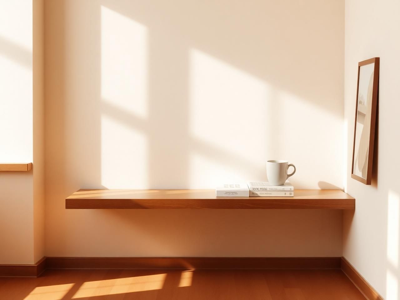 Estante de madera con unos libros y una taza en una habitación luminosa