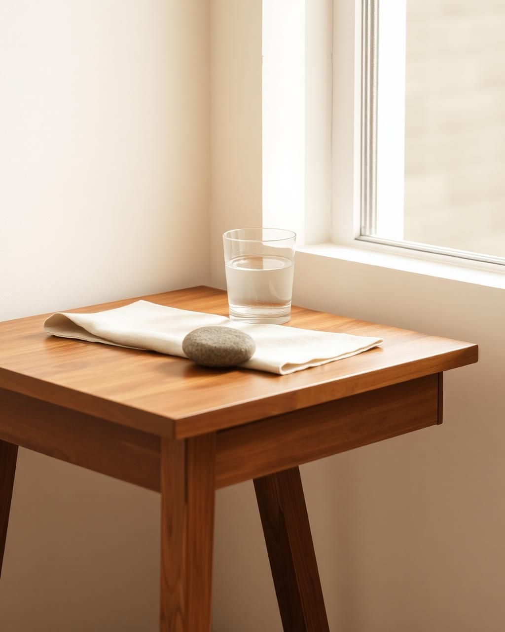 Mesa de madera junto a una ventana con un paño de lino, un vaso de agua y una piedra
