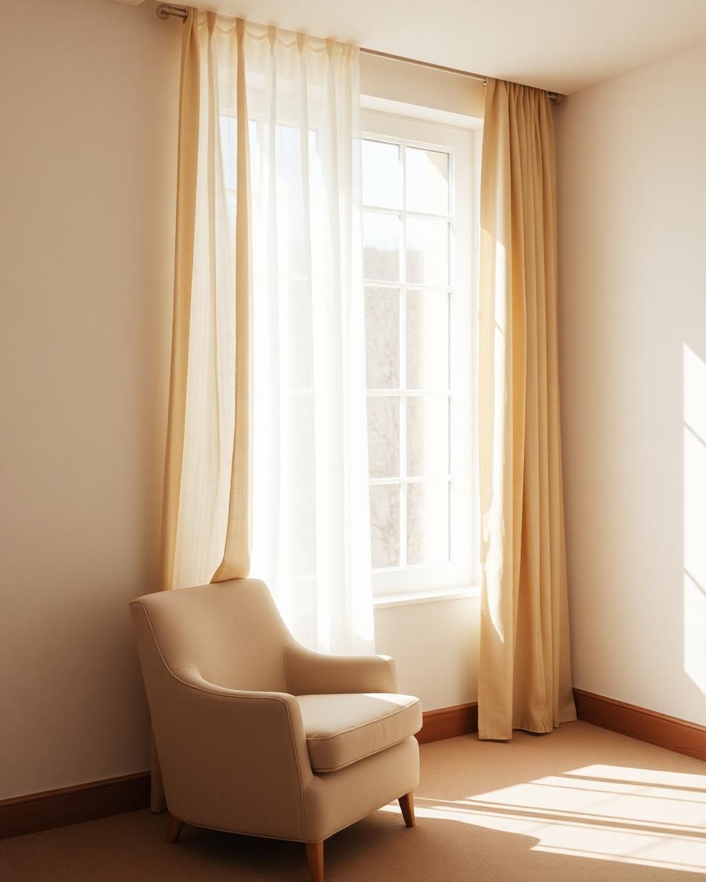 Butaca de lino junto a una ventana con cortinas claras y luz natural