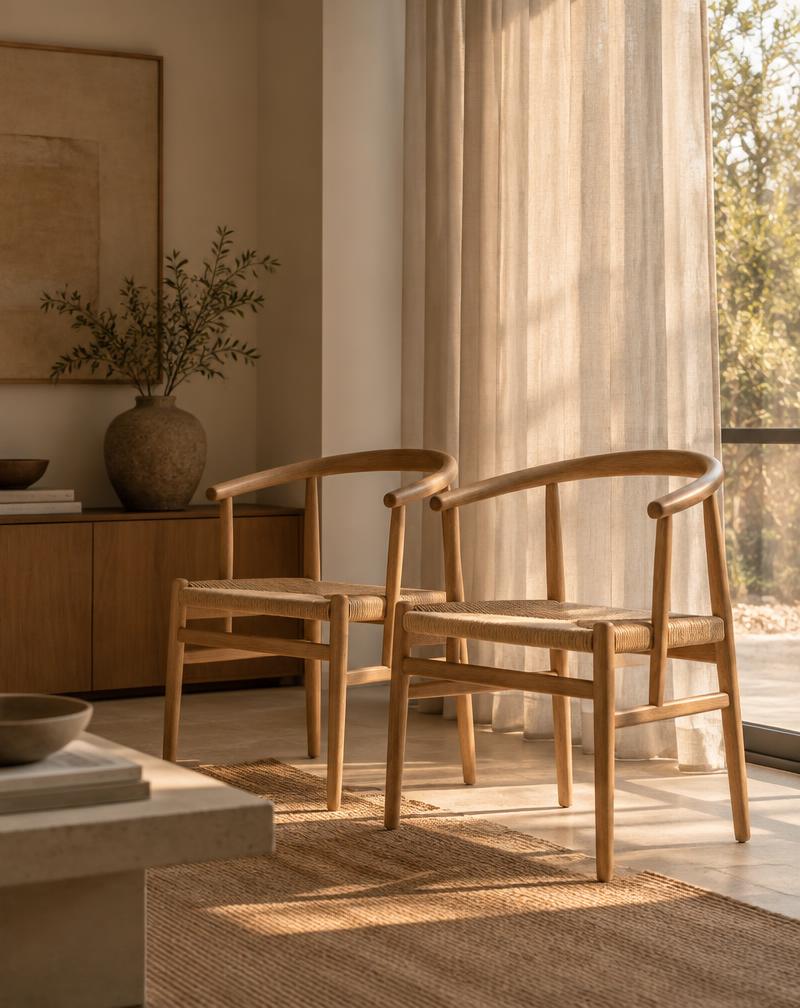 Dos sillas de madera juntas frente a una ventana con cortina de lino y luz cálida