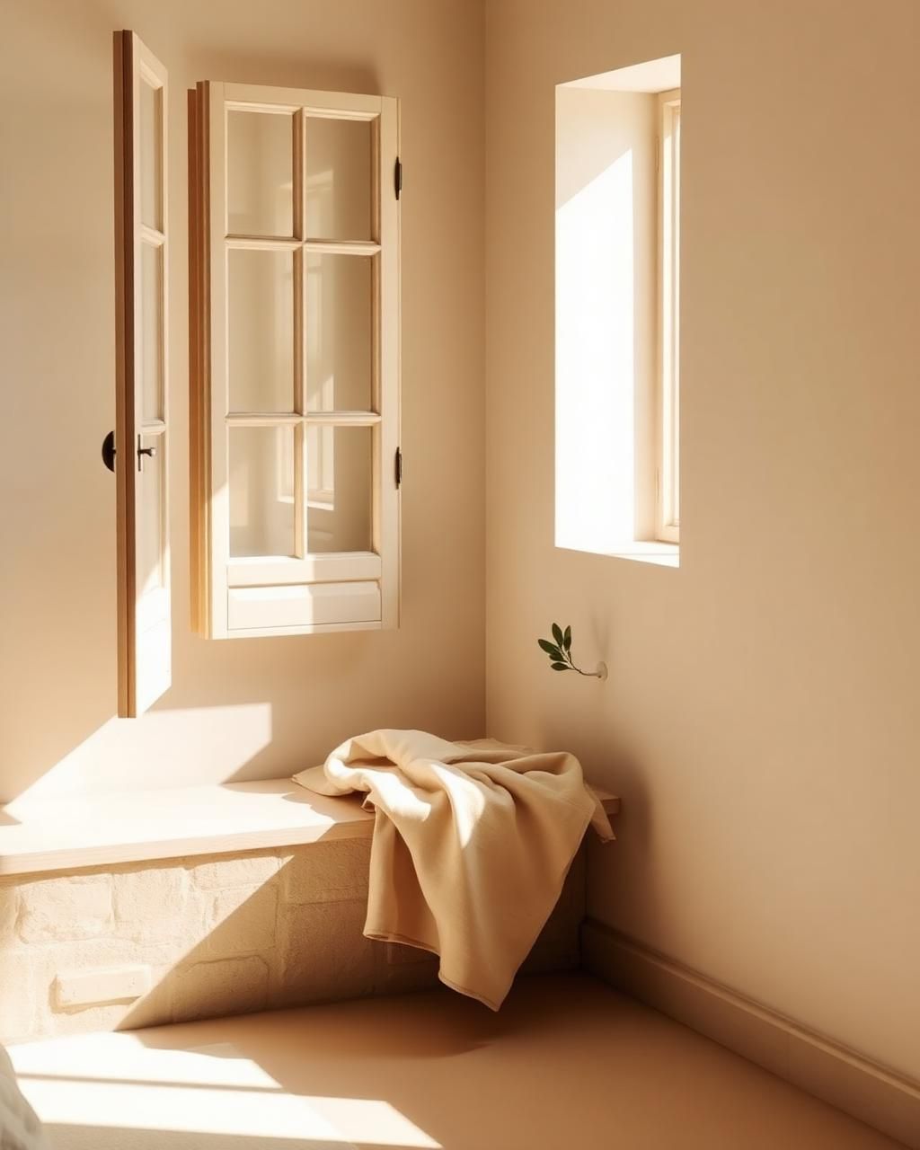 Habitación luminosa con una ventana abierta y una manta de lino doblada