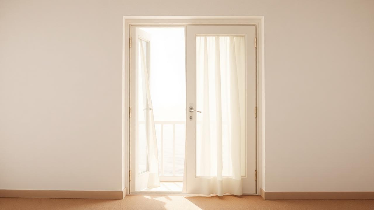 Puerta de balcón abierta con una cortina blanca movida por el aire y luz clara al fondo