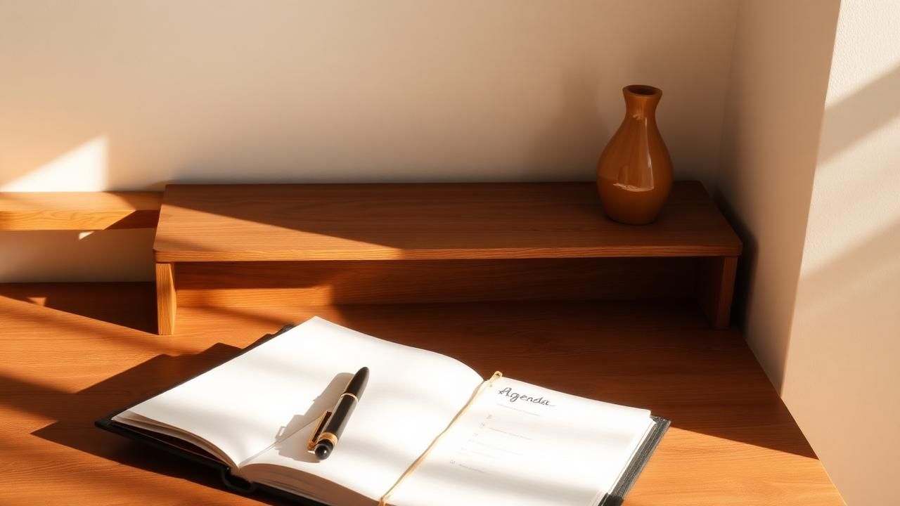 Escritorio ordenado con una agenda abierta y una pluma bajo luz natural