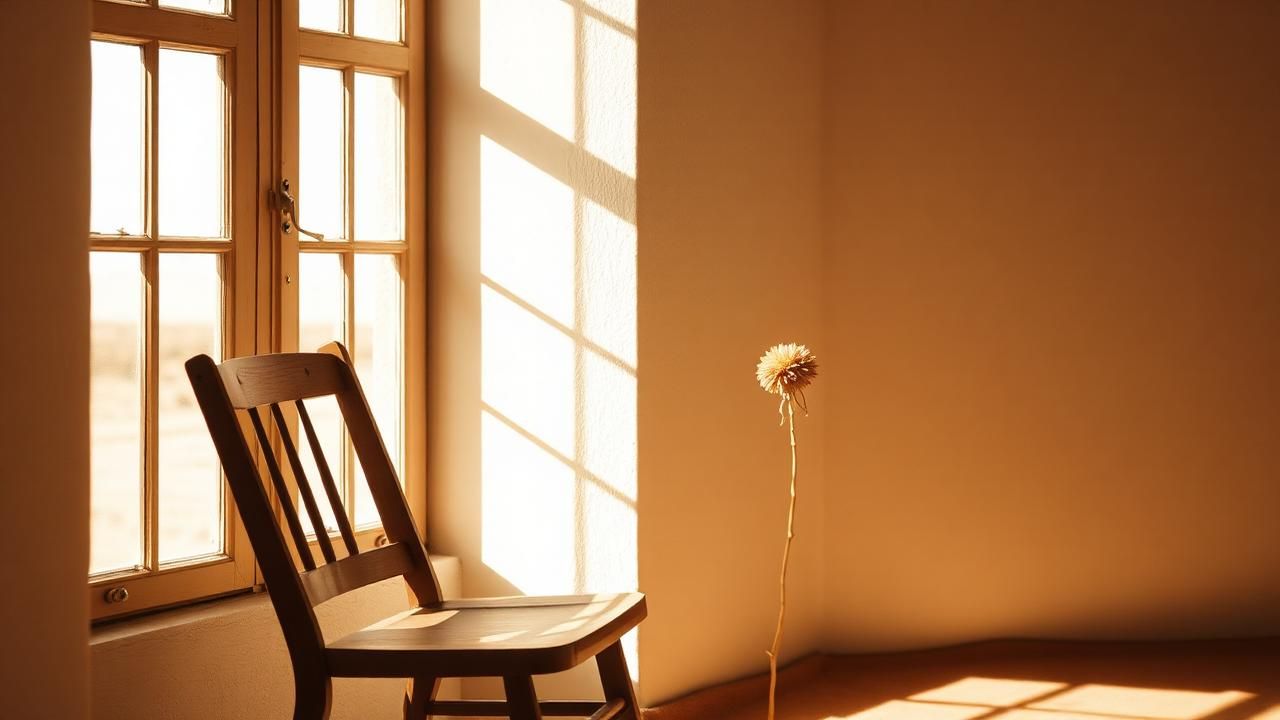Silla de madera vacía junto a una ventana con luz cálida y una flor seca