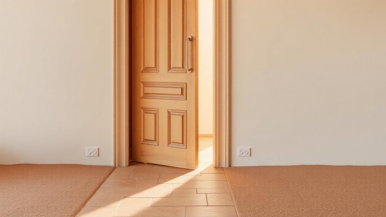 Puerta de madera clara entreabierta con luz cálida cruzando el umbral