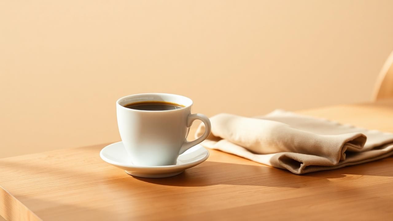 Taza de café sobre una mesa de madera junto a una servilleta de lino