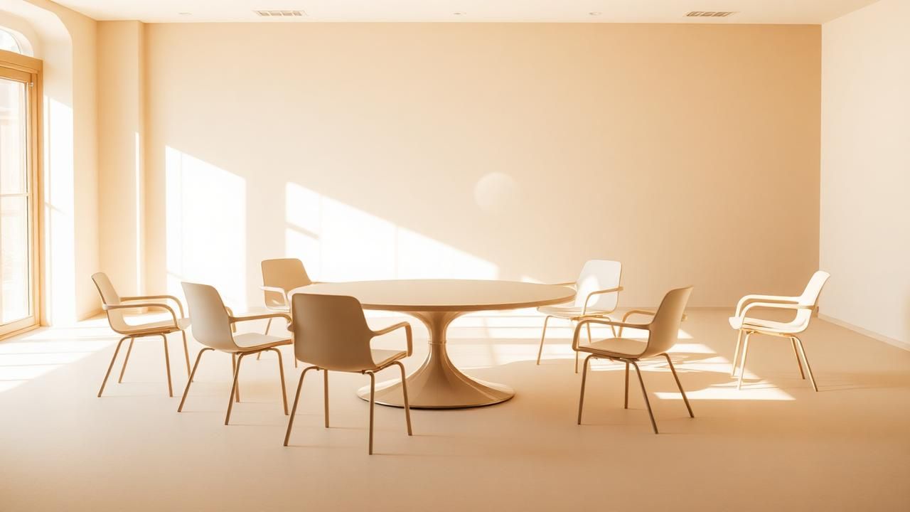 Varias sillas vacías alrededor de una mesa en una sala luminosa