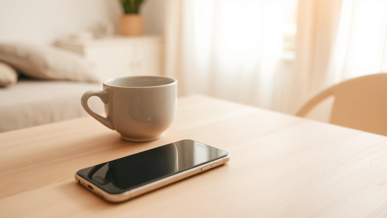 Teléfono móvil boca abajo junto a una taza sobre una mesa en un interior luminoso