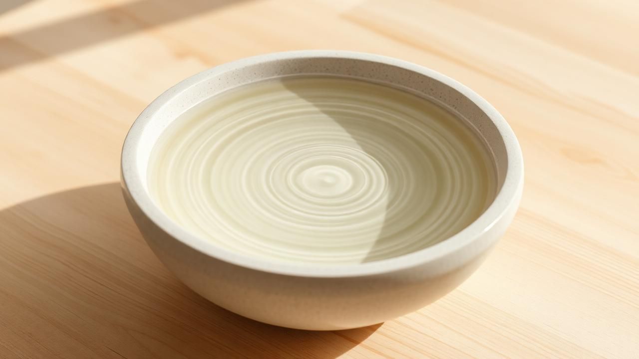 Cuenco de cerámica con agua formando ondas concéntricas sobre una mesa de madera