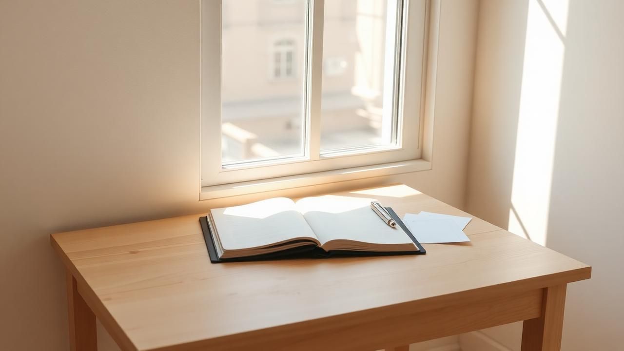 Mesa de madera clara junto a una ventana con un cuaderno abierto y algunas hojas sueltas